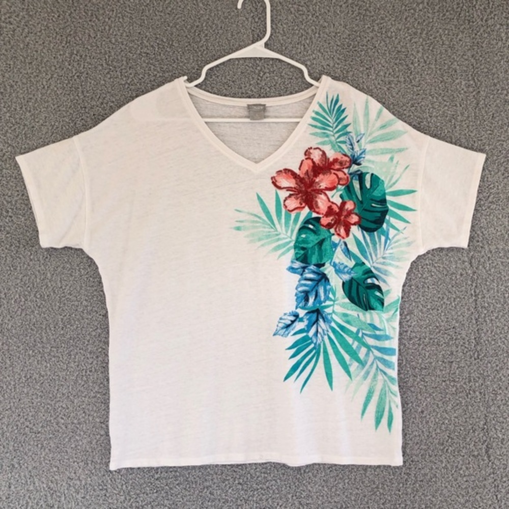 Chico's Linen Blend Floral Top Size L‎ V-Neck Short Sleeve Summer